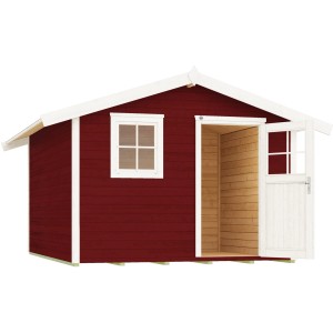 Schwedenrotes Gartenhaus mit Satteldach, offener Tür und Fenster. Holz-Gartenhaus.