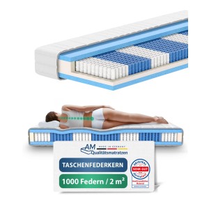 AM Qualitätsmatratze Premium 1000 Taschenfederkern, 120x220 cm, Härtegrad H4, Detailaufnahme und Nutzungssituation.