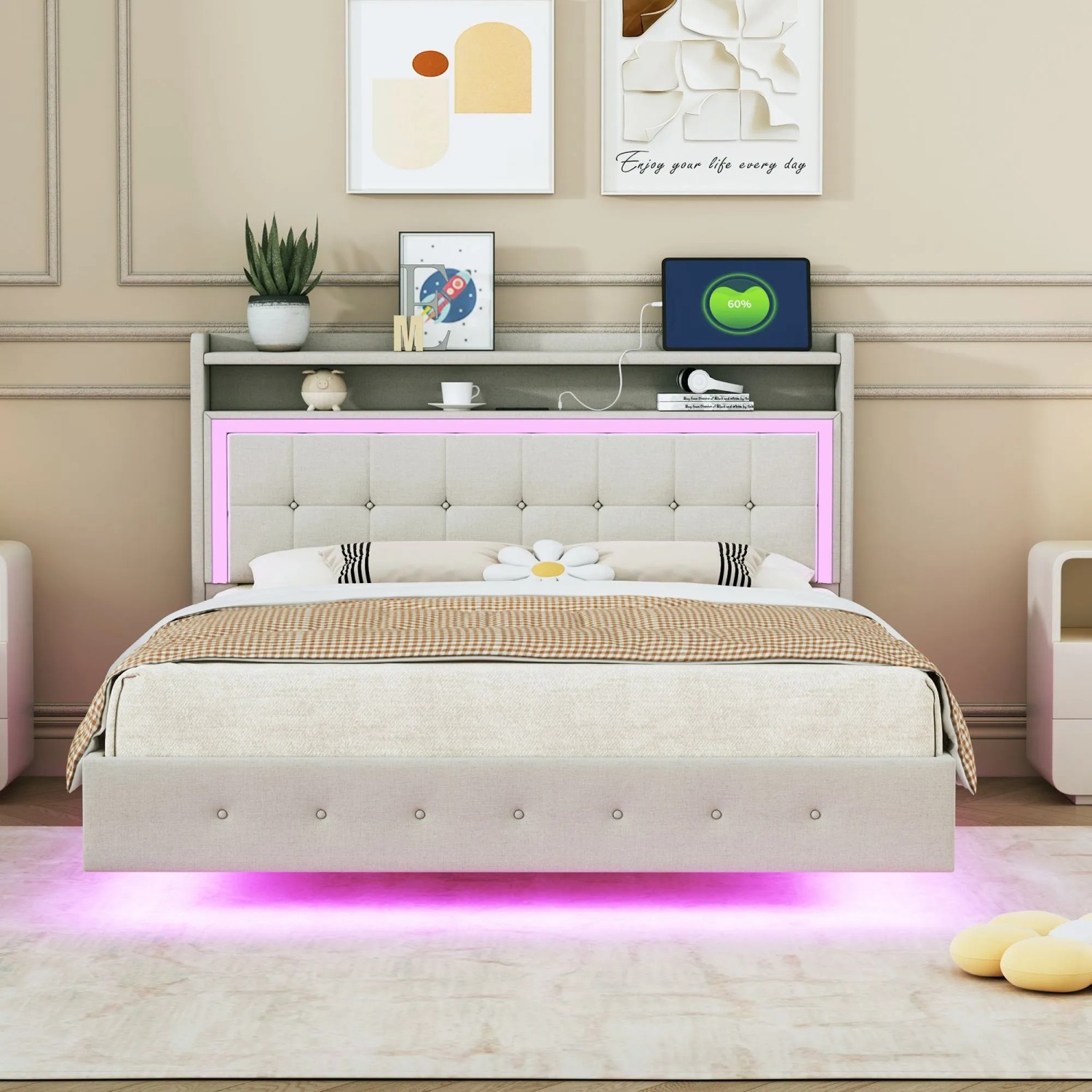 okwish Polsterbett 140x200cm mit USB LED Verstecktem Fußteil Beige ohne Matratze_4