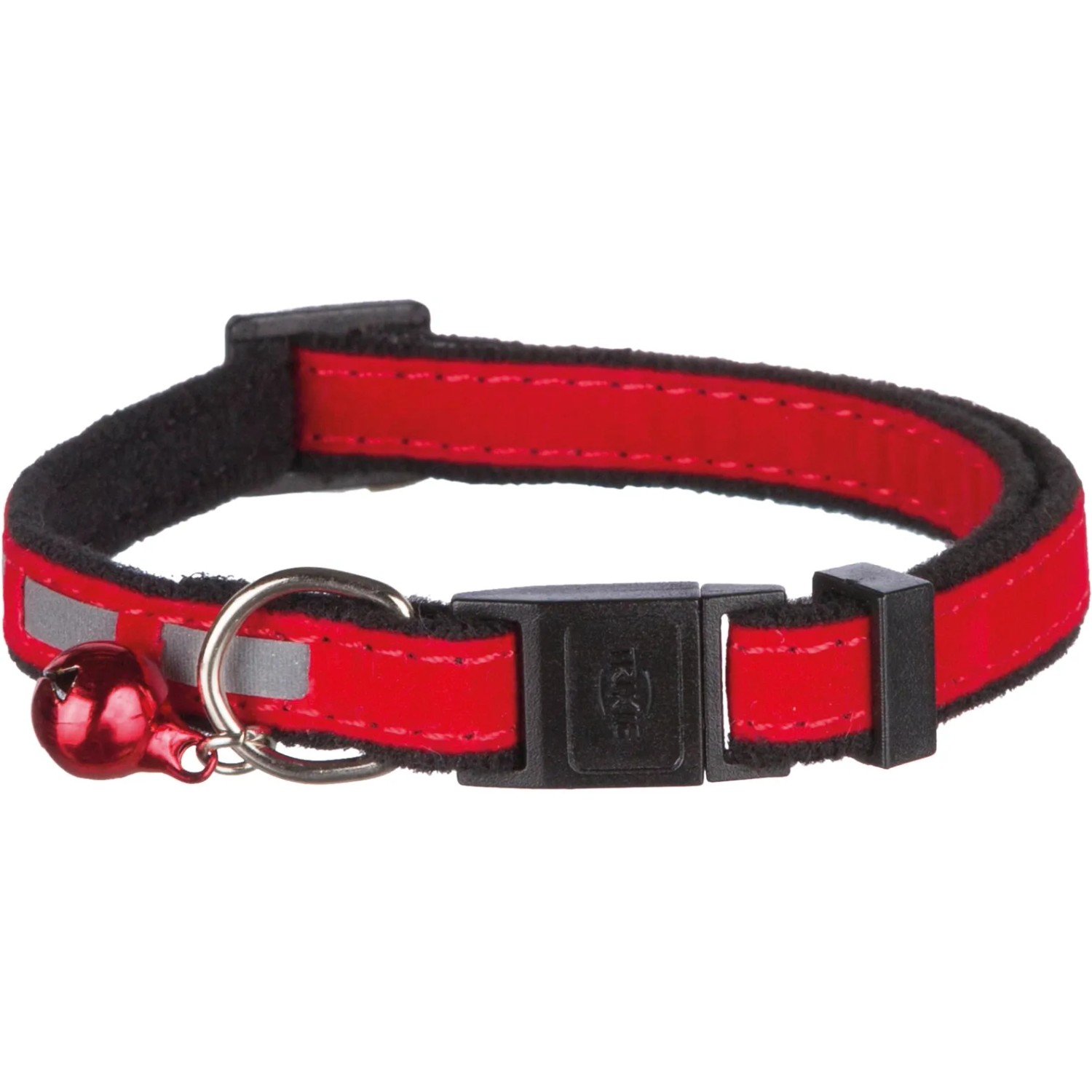 Rotes, reflektierendes Trixie Katzenhalsband aus Samt mit Glöckchen und Sicherheitsverschluss.