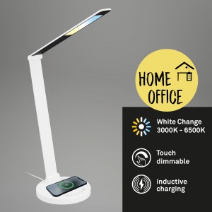Weiße Brilo LED Schreibtischleuchte Cuma mit induktiver Ladefunktion und Touch-Dimmer.