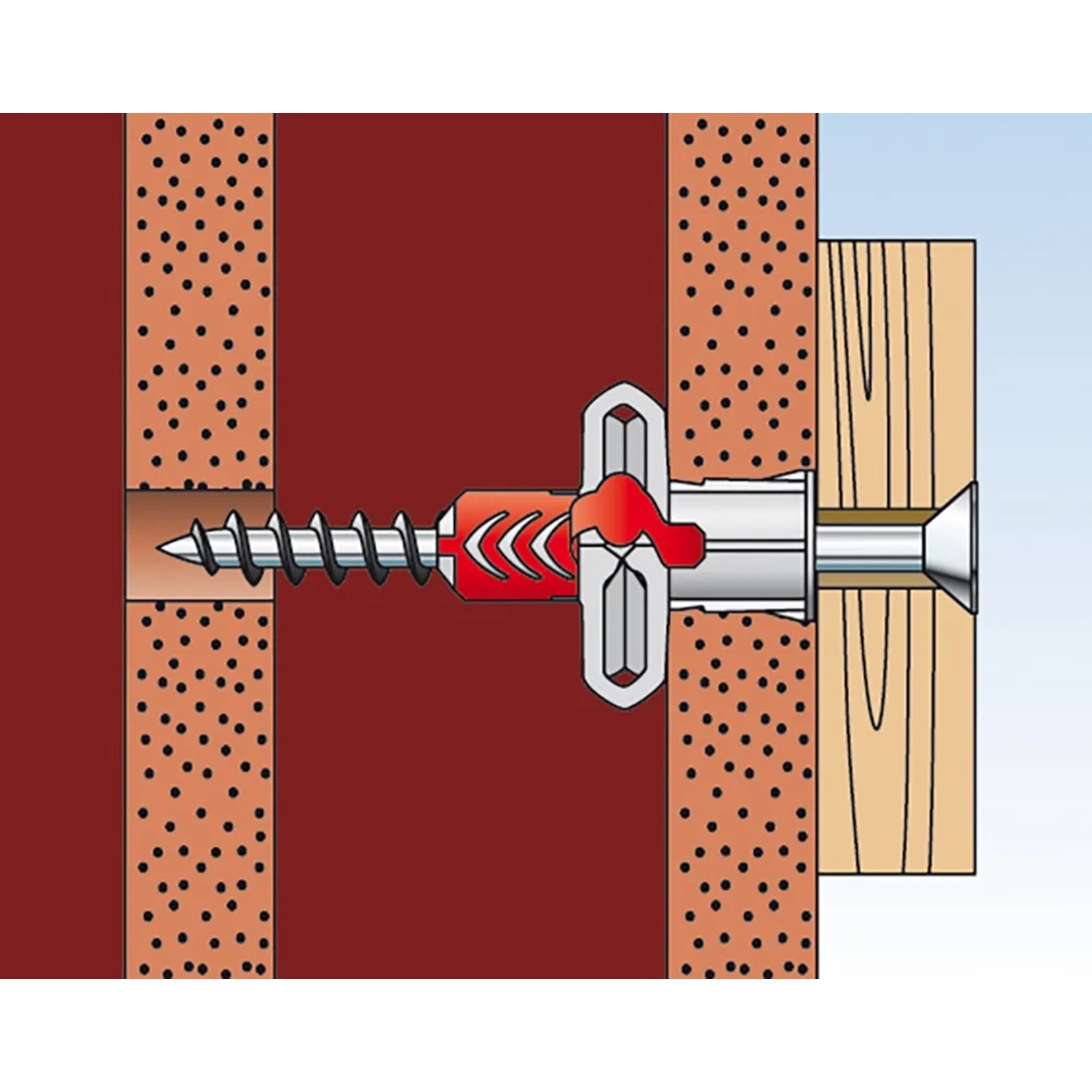Illustration: Fischer Duopower Dübel 8x65 mit Schraube in Wand und Holz.