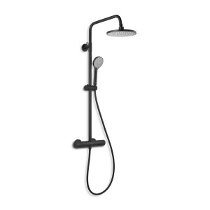 Schwarzes baliv Überkopfbrause-Set KBS-22.340 mit Kopf- und Handbrause, Duscharmatur und ausziehbarem Steigrohr.