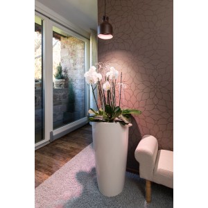 Venso E27 Lampenschirm SAGA rostbraun über einer Orchidee im Topf, Zimmeransicht.