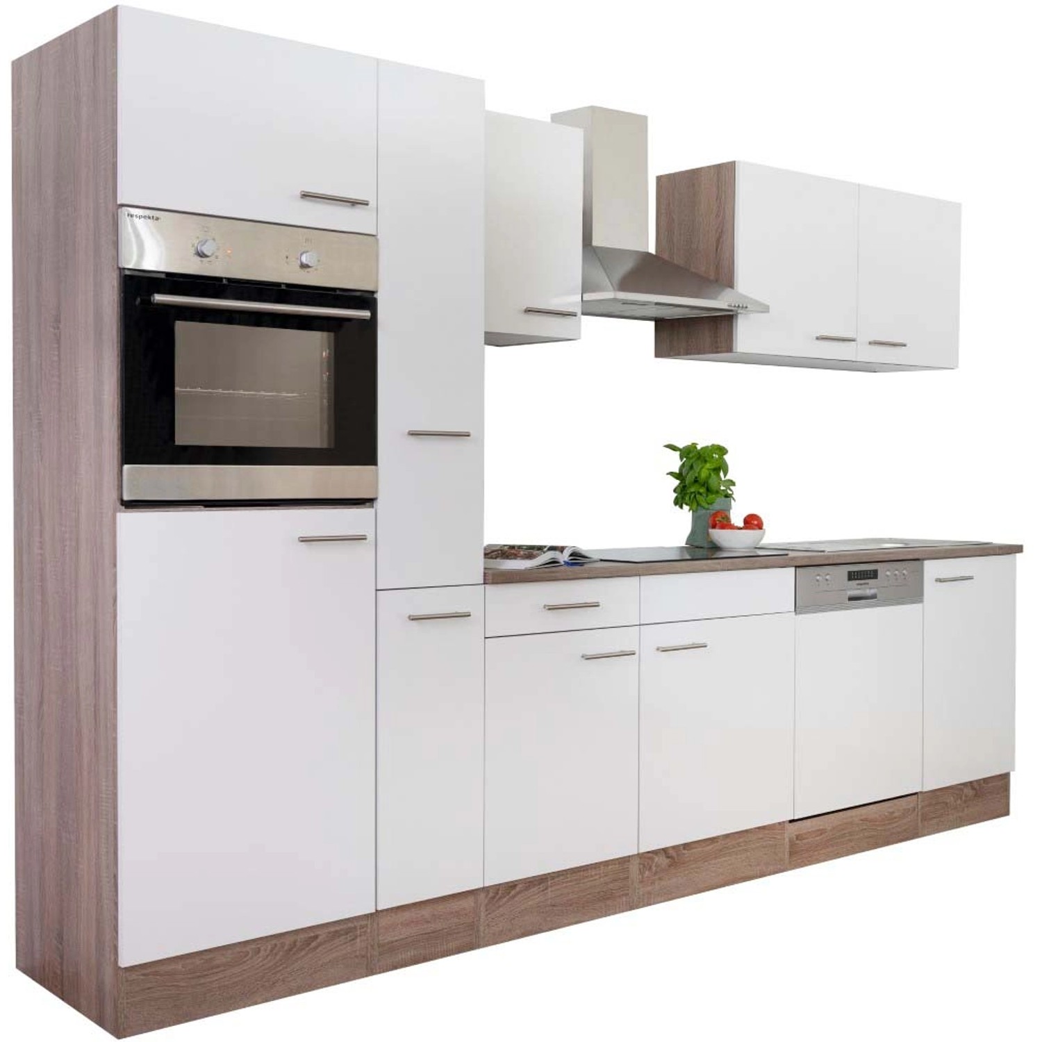Respekta Küchenzeile 310 cm in Weiß Seidenglanz und Eiche York Dekor, ohne Elektrogeräte.