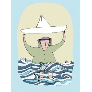 Komar Wandbild Paper Ship, 30x40 cm: Illustration einer Person im Wasser mit Papierbooten.