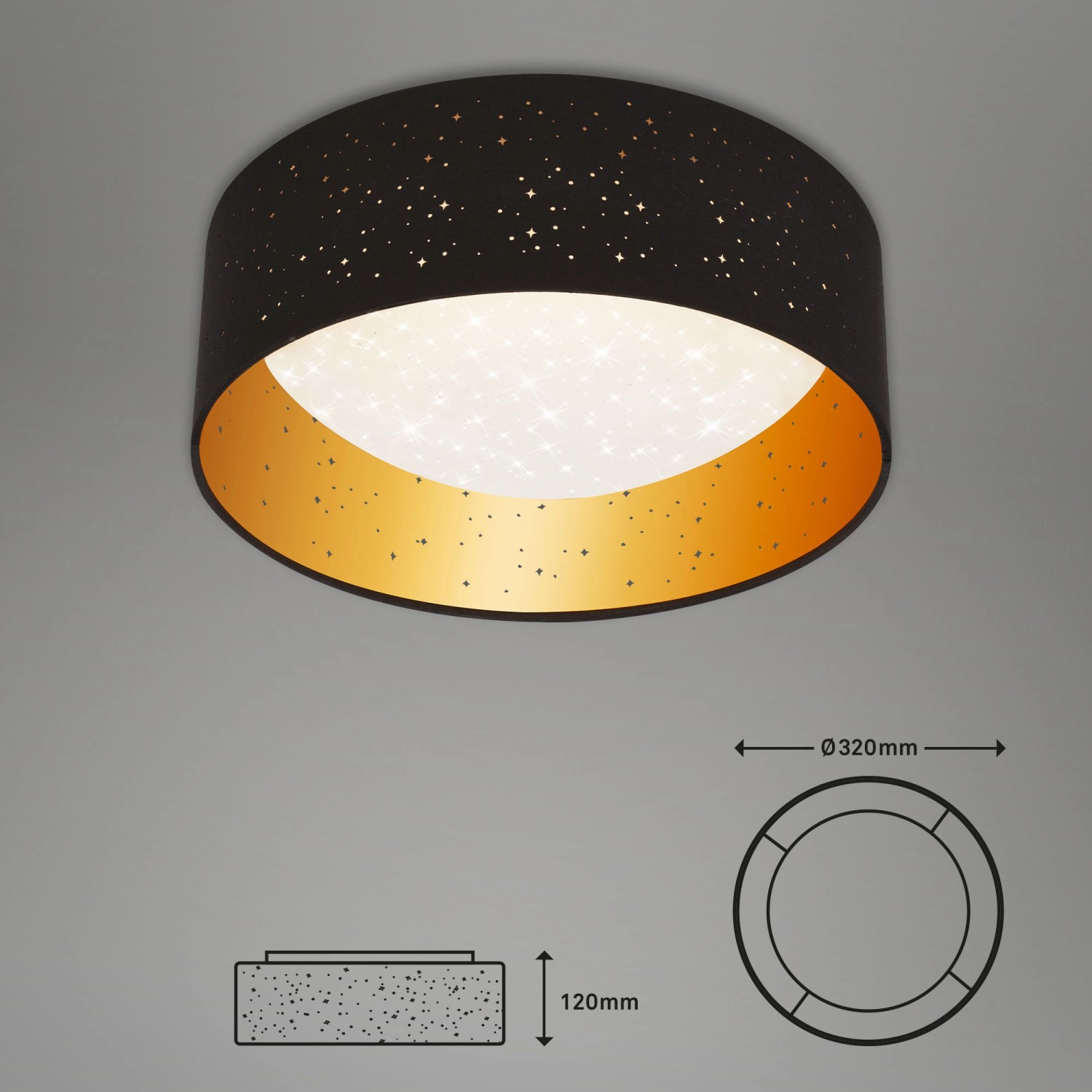 Brilo LED-Deckenleuchte Maila, Ø 32 cm, schwarz-gold mit Sternenhimmel-Effekt für den Innenbereich.