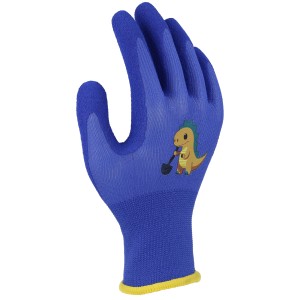 Blauer W+R Industry Kinderhandschuh Größe 4 mit Dino-Motiv für Gartenarbeit.
