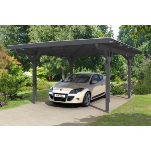 Skan Holz Carport Odenwald, schiefergrau, mit Auto. Einzelcarport aus Holz mit Flachdach.