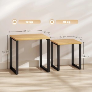 HOMCOM Couchtisch Set: 2 rechteckige Tische in Naturholzoptik mit schwarzen Metallbeinen. Maße 60x50x60 cm und 50x50x54 cm.