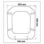 Maßzeichnung des eckigen Sinobath WC-Sitzes. Abmessungen: 363x430 mm, Scharnierabstand 184 mm.