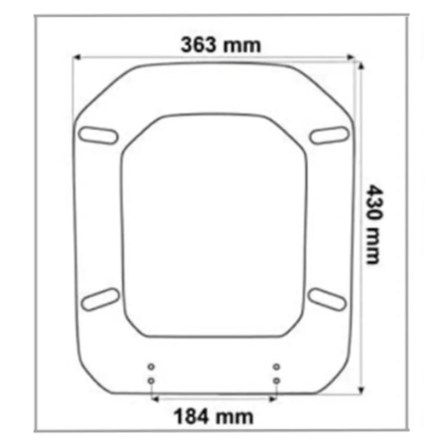 Maßzeichnung des eckigen Sinobath WC-Sitzes. Abmessungen: 363x430 mm, Scharnierabstand 184 mm.