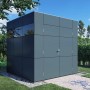 Modernes Bertilo Gartenhaus HPL 1 in Anthrazit-Weiß (228x230cm) im Garten.