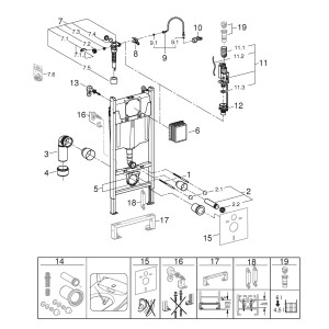 Explosionszeichnung Grohe Solido 2-in-1 WC-Set mit Spülkasten und Zubehör.