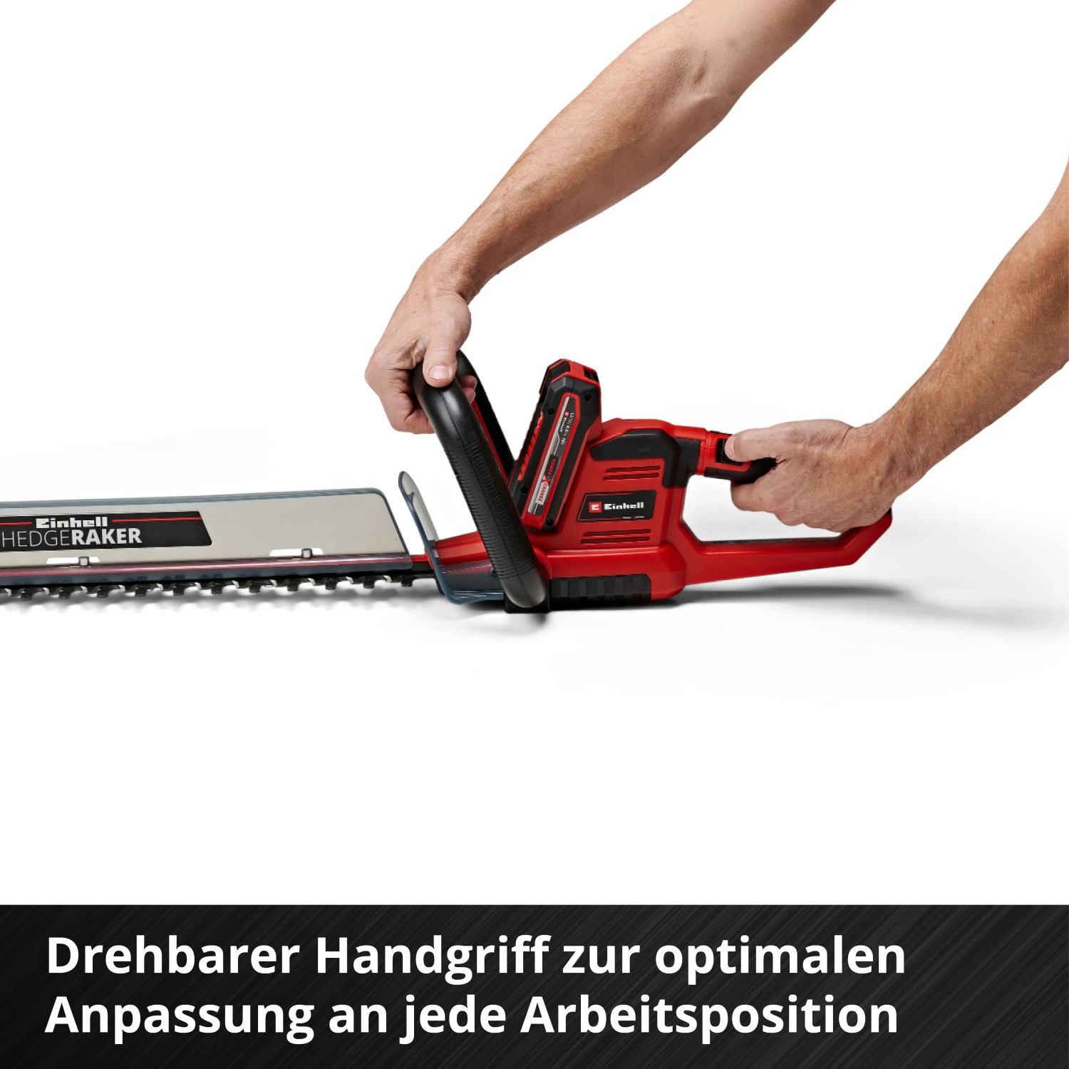 Einhell Akku-Heckenschere GE-CH 18/60 Li-Solo: Rote Heckenschere mit Akku und drehbarem Griff.
