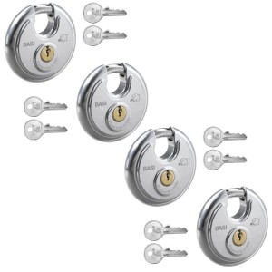 Basi Rundbügel Vorhangschloss Set, 4 Schlösser mit je 2 Schlüsseln, 70mm, Edelstahlgehäuse.