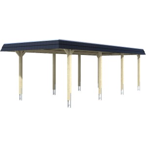 Weißer Skan Holz Carport Wendland mit schwarzem Alu-Dach und Blende, 362x870 cm.