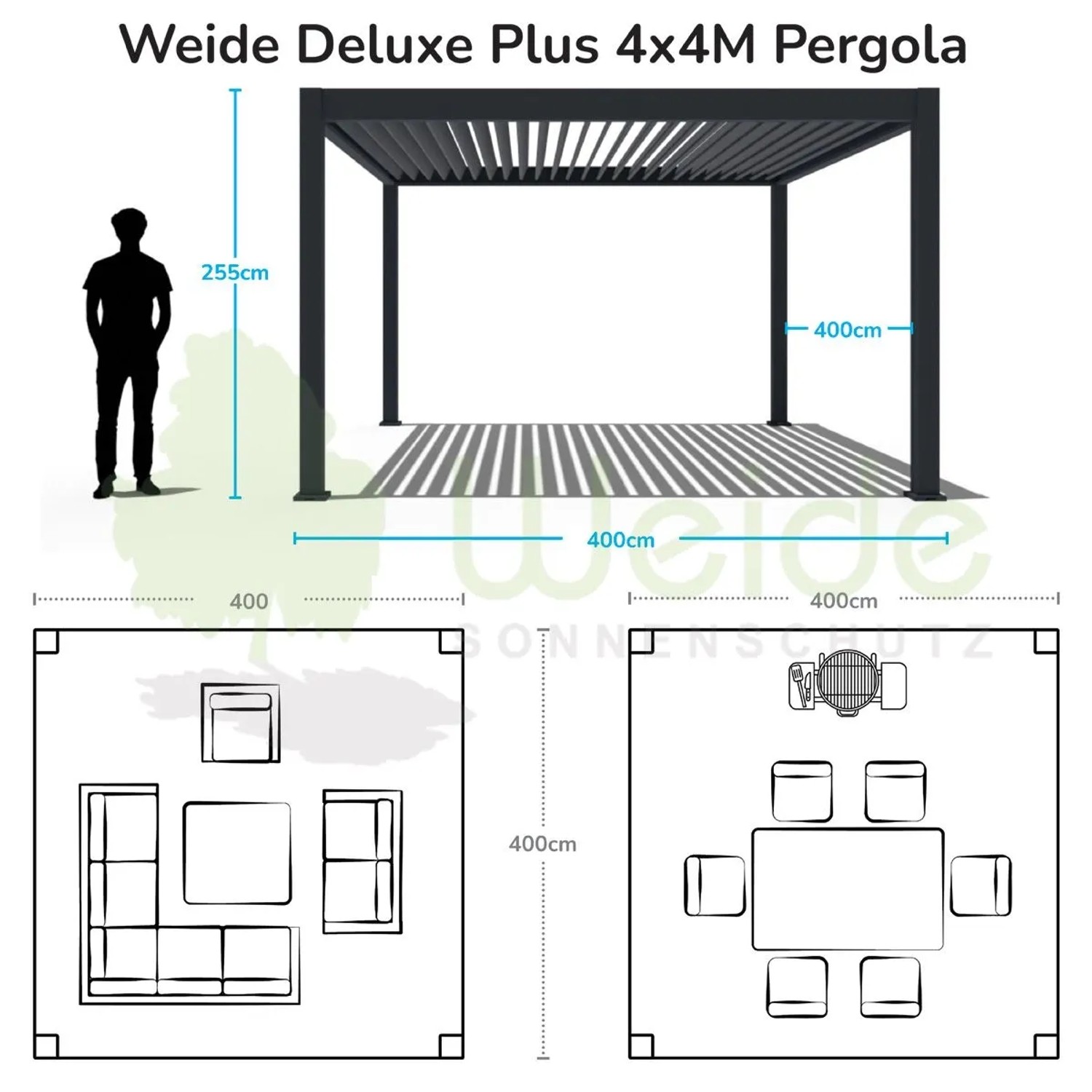 Dunkelgraue Weide Deluxe Plus Pergola 4x4m mit elektrischem Lamellendach, Maßen und Nutzungsideen für die Terrasse.