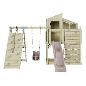 Holz-Spieltürm mit Babyschaukel altrosa, Kletterwand und Rutsche für Kinder ab 3 Jahren.