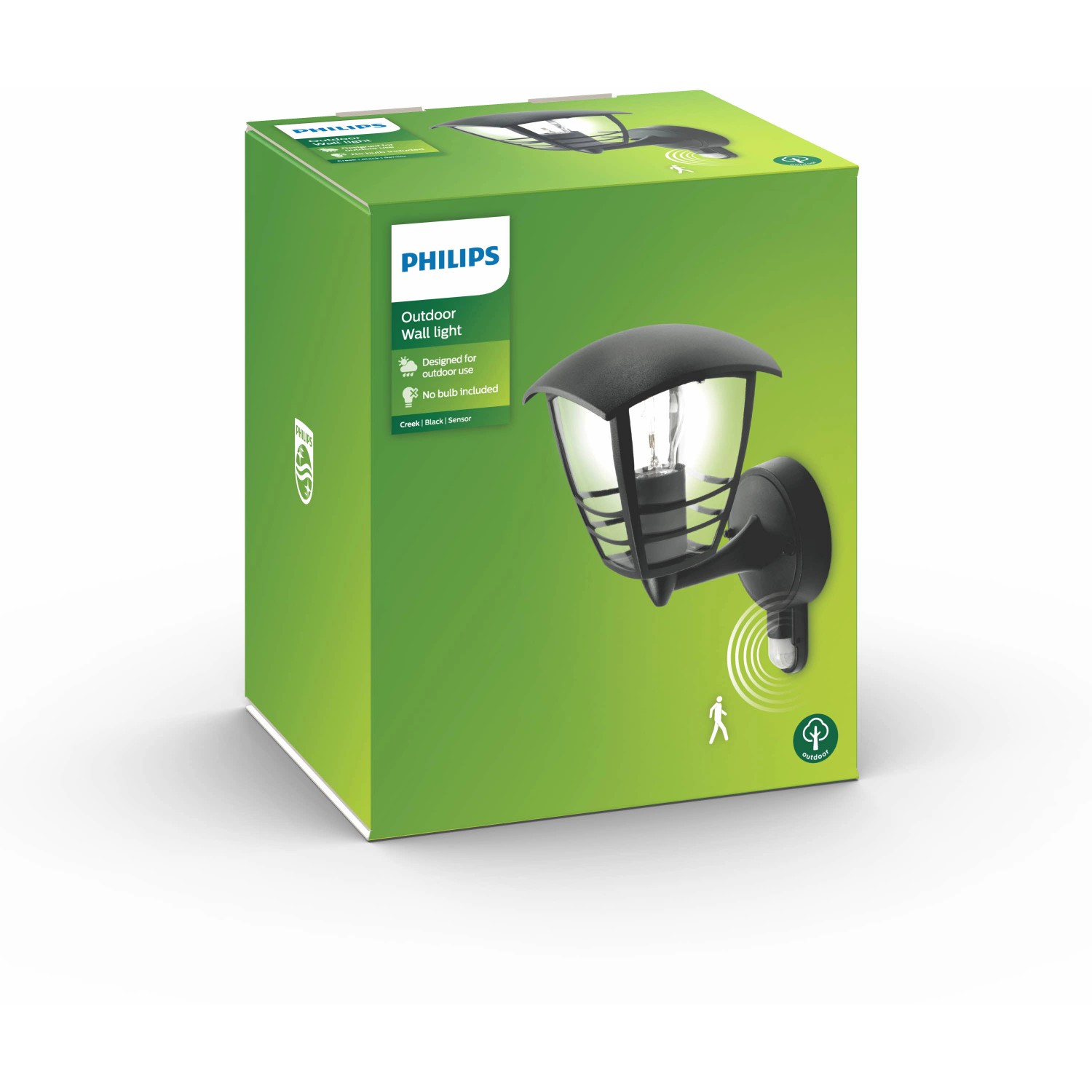 Verpackung der schwarzen Philips Außenwandleuchte Paris mit Bewegungsmelder.