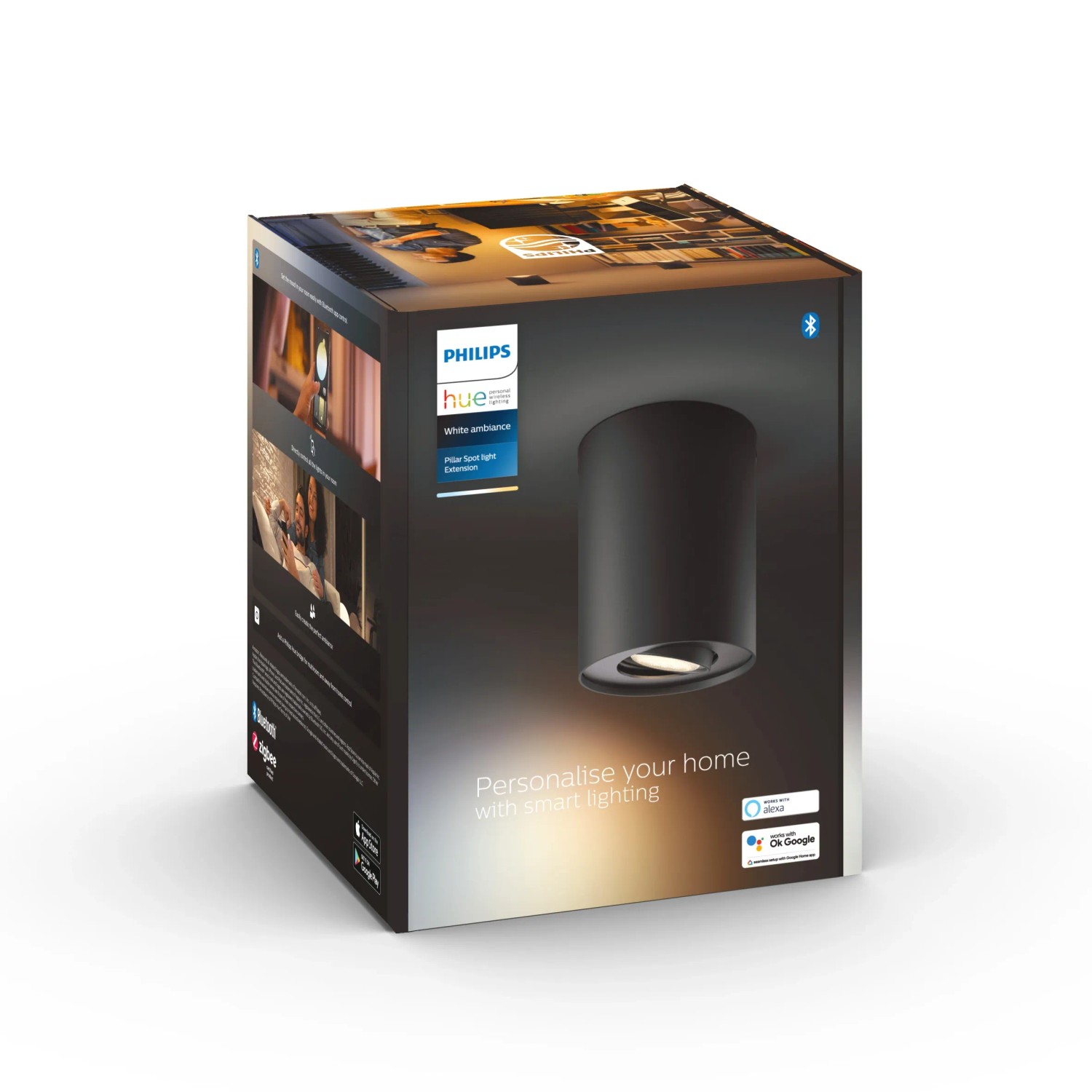 Verpackung des schwarzen Philips Hue Pillar LED-Aufbauspots White Ambiance.