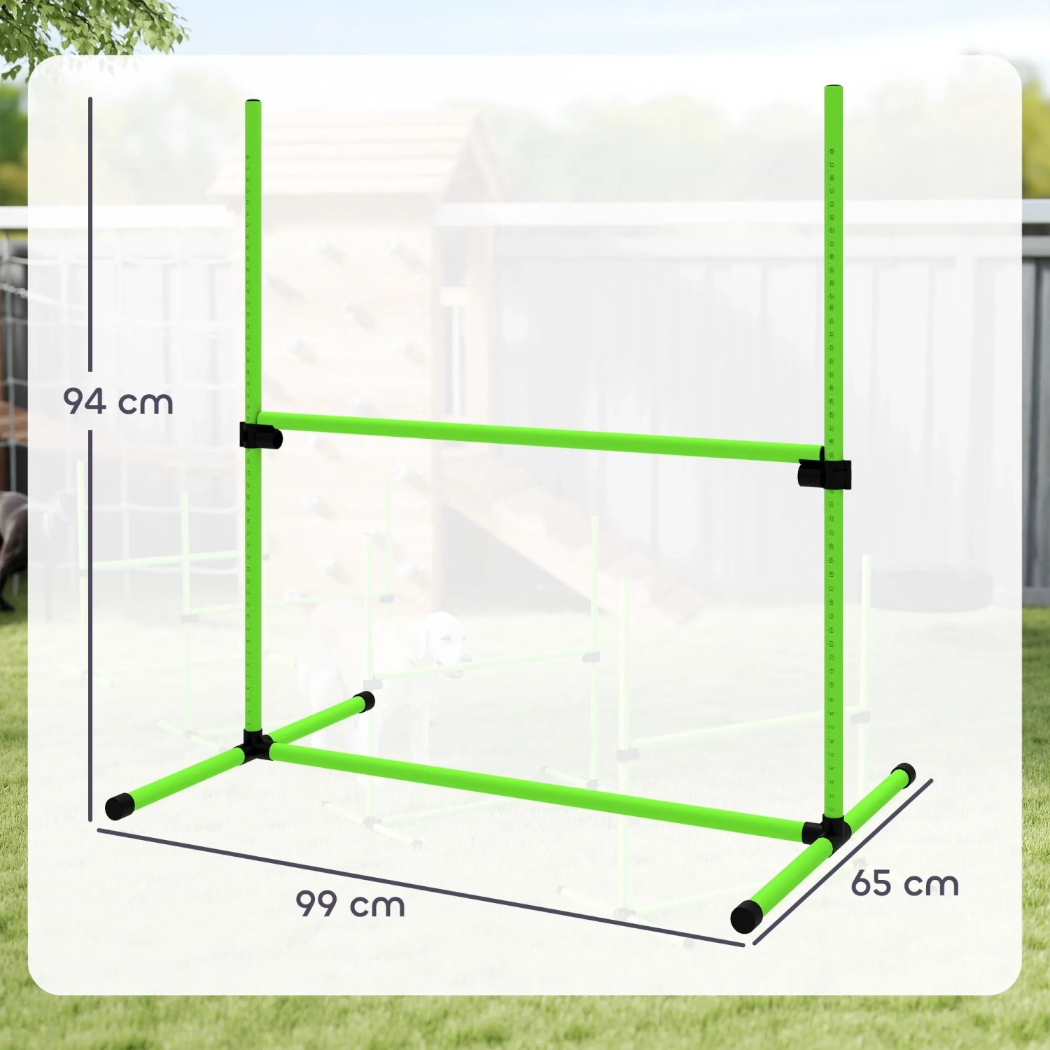 Grüne PawHut Hunde Agility Hürde aus Kunststoff, 99x65x94 cm, höhenverstellbar für Training auf Rasen.