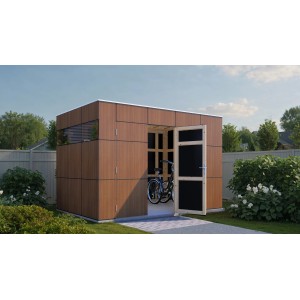 Modernes Bertilo Gartenhaus HPL 2 Italian Walnut mit geöffneter Tür und Fahrrad im Inneren.