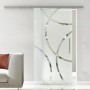 Levidor Glasschiebetür Coburg mit satiniertem Kreismuster, Edelstahl Stangengriff und Schienensystem in modernem Wohnraum.