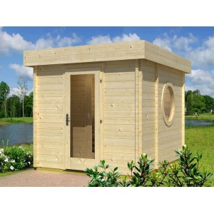Finntherm Gartensauna Cubus-70 B aus naturbelassenem Fichtenholz mit Flachdach und Rundfenster.