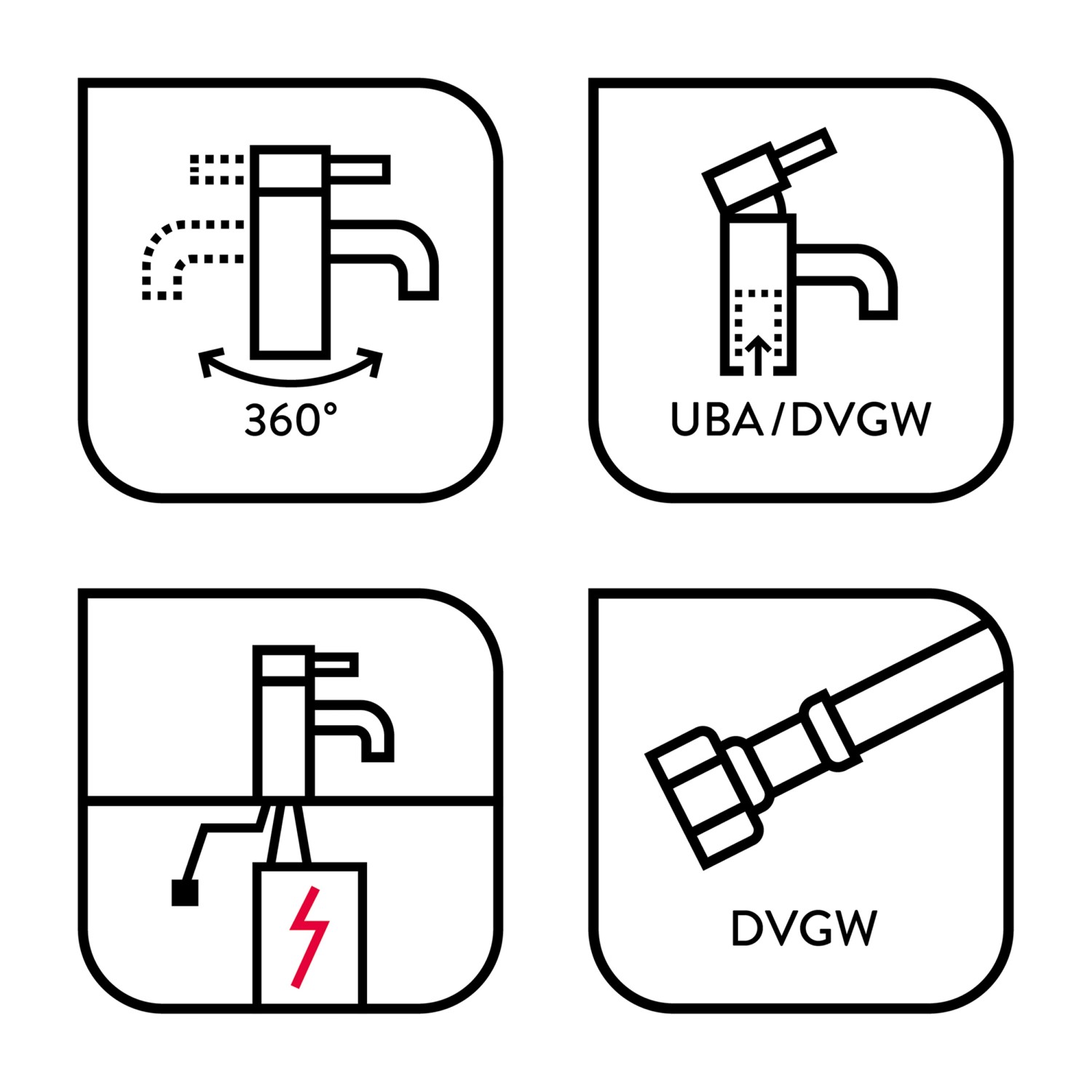 Icons der baliv Niederdruck-Küchenarmatur KI-1520 N: 360° schwenkbar, UBA/DVGW-Zertifizierung, Niederdruck, DVGW-Zertifizierung.