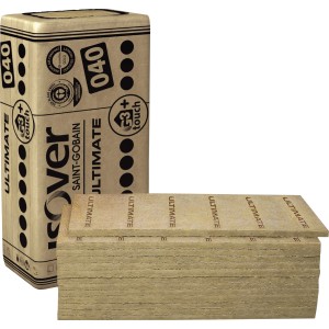 Isover Ultimate Trennwand-Platte 40mm: Paket und einzelne Dämmplatten aus Mineralfaser.