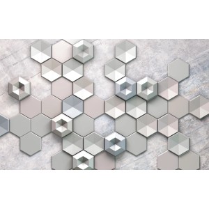 Komar Fototapete Vlies Hexagon Concrete, 400x250 cm, mit grau-beigen Hexagon-Muster.