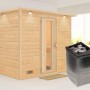Karibu Sauna Sarina mit Ofen und integrierter Steuerung, naturbelassenes Fichtenholz mit LED-Dachkranz.