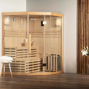 Traditionelle Sauna SKYLINE XL aus Tannenholz mit Glasfront, Bänken und Saunaofen.