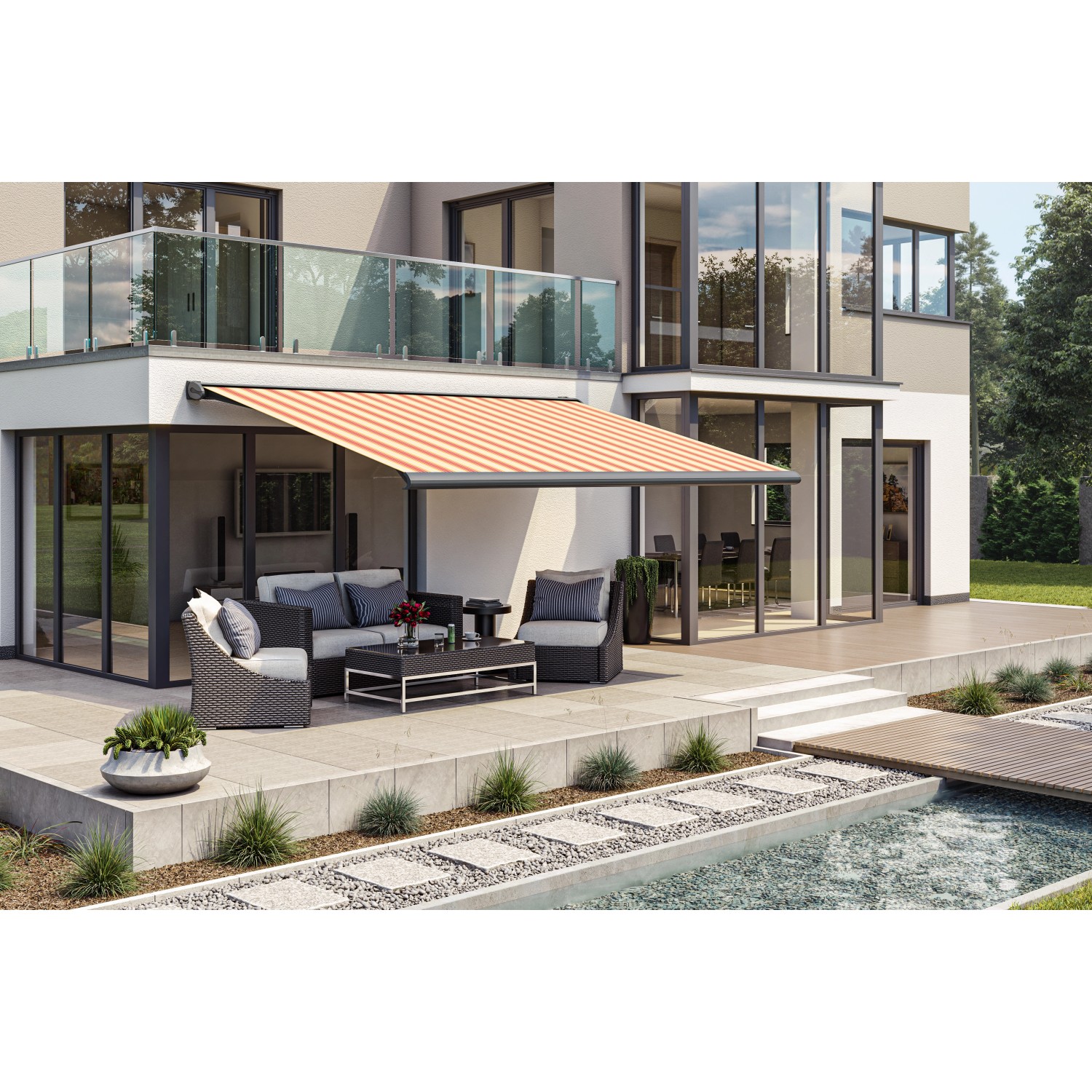 Anthrazitfarbene Wismar Kassettenmarkise (200x150 cm) mit beigerotem Stoff und E-Motor.