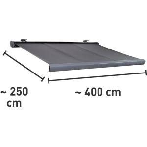 Kassettenmarkise Bayville, 4x2,5m, Anthrazit, mit Maßangaben zur Breite und Ausladung.