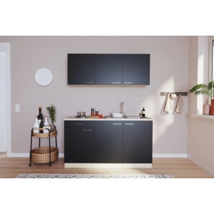 Respekta Singleküche Luis 150 cm in Schwarz-Eiche sägerau mit Kochmulde und Ober-/Unterschränken.