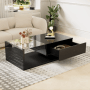 Schwarzer Hochglanz Couchtisch mit Glasplatte, offener Schublade und Ablagefach für das Wohnzimmer.