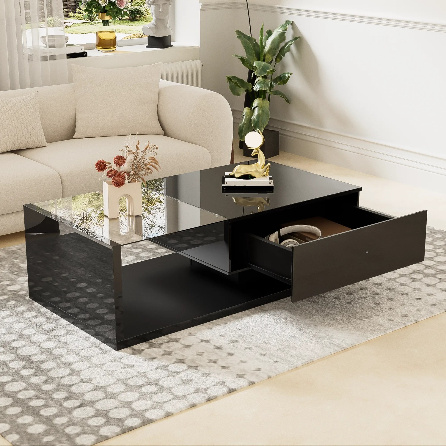 Schwarzer Hochglanz Couchtisch mit Glasplatte, offener Schublade und Ablagefach für das Wohnzimmer.