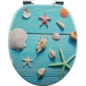 Sanfino WC-Sitz Blue Star: Toilettendeckel aus Holz mit Seestern- und Muschel-Motiv.
