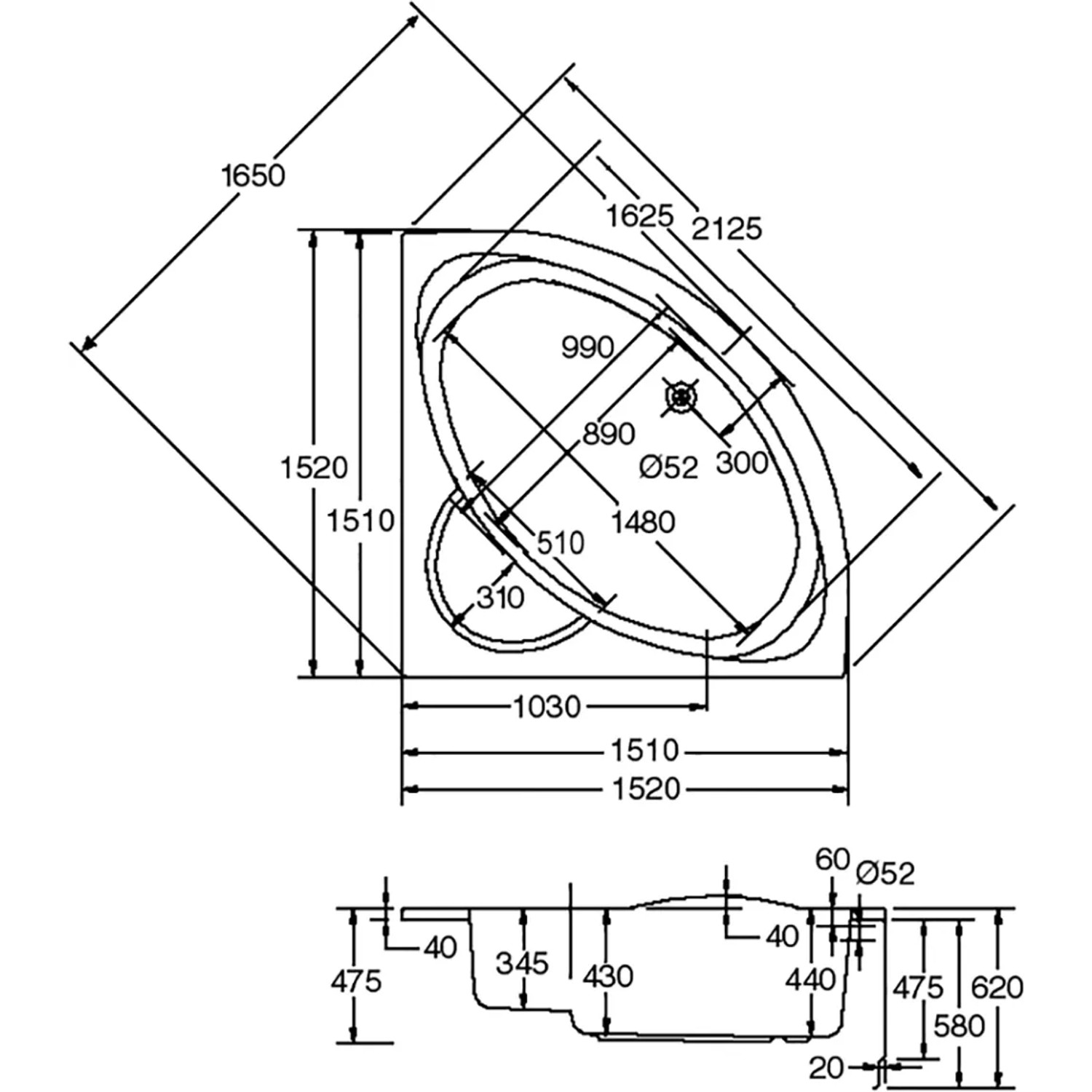 Technische Zeichnung Ottofond Whirlpool Sardinia Premium 151 cm, Maße und Details zur Installation.