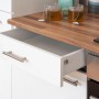 Detailansicht: Respekta Küchenzeile KB300WW, 300 cm, Weiß, mit offenem Schubfach und Arbeitsplatte in Nussbaumoptik.