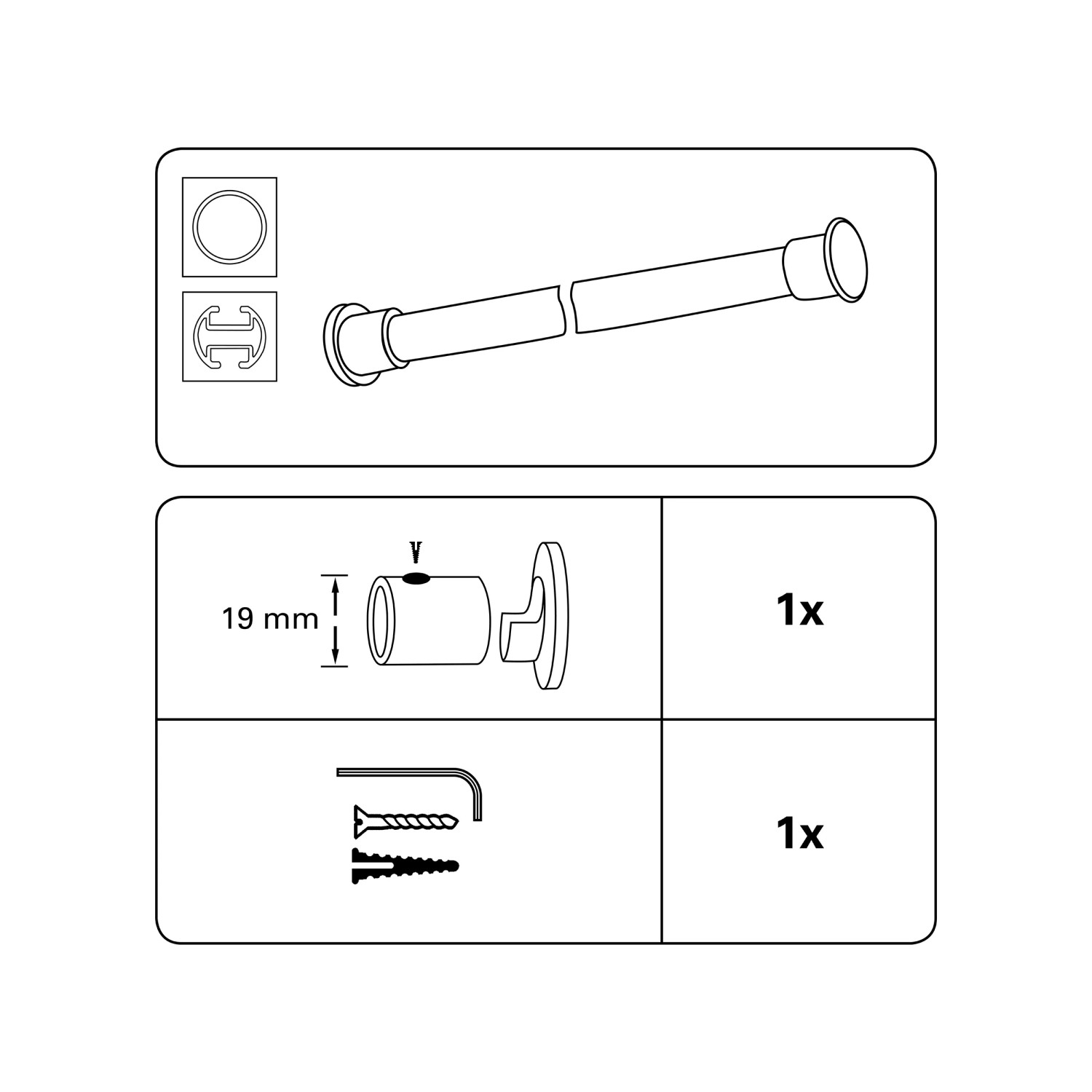 Abbildung des Gardinia Wandlagers Europa für Ø 19 mm, Messing-Antik, inklusive Befestigungsmaterial.