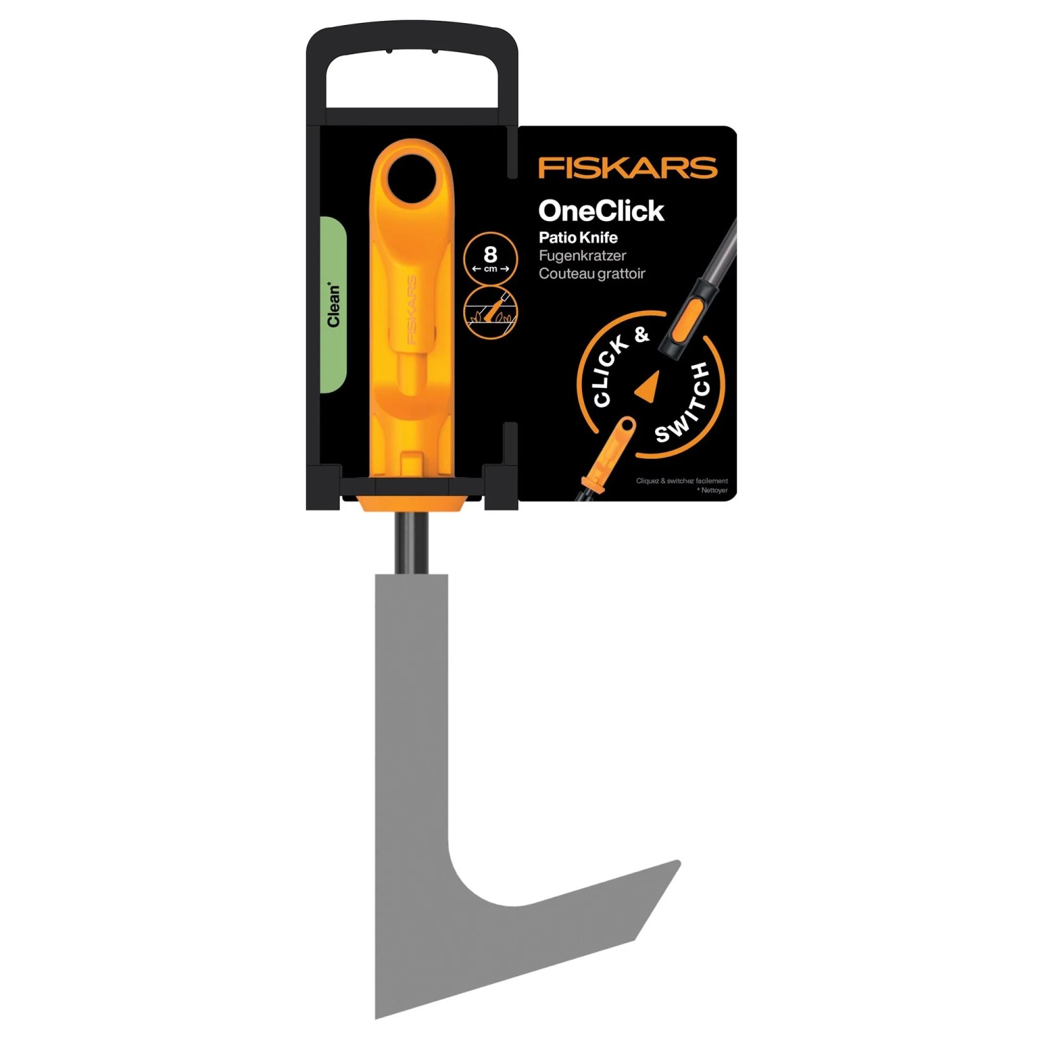 Fiskars OneClick Fugenkratzer mit orangefarbenem Griff und grauer Klinge.