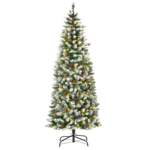 Künstlicher Weihnachtsbaum 1,8 m hoch, mit Schnee, LED-Lichtern, roten Beeren und Tannenzapfen auf schwarzem Ständer.