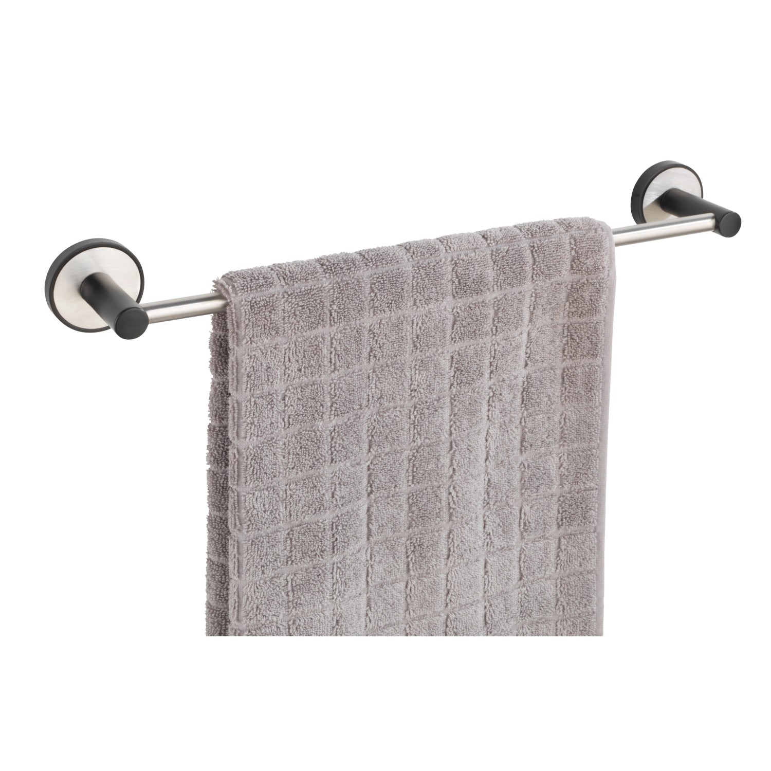 Wenko Badetuchstange Uno Udine, 40 cm, silber matt mit grauem Handtuch.