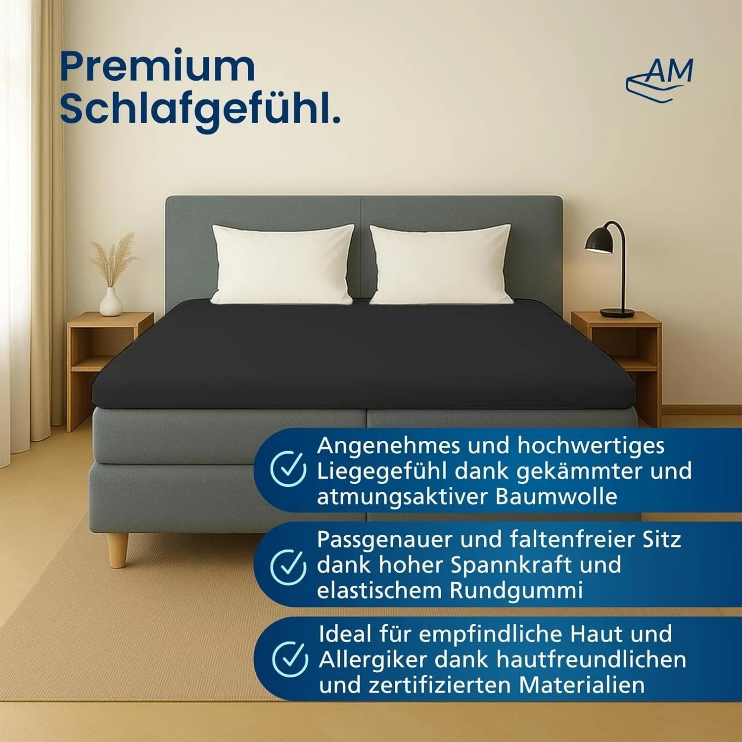 Dunkelgraues AM Premium Jersey Spannbettlaken aus Baumwolle auf einem Bett. Glatter, faltenfreier Sitz für hohen Schlafkomfort.