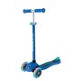 Dunkelblauer Globber Primo Lights Kinder Tretroller mit 3 Rädern und bunten LED-Leuchtrollen, höhenverstellbar.