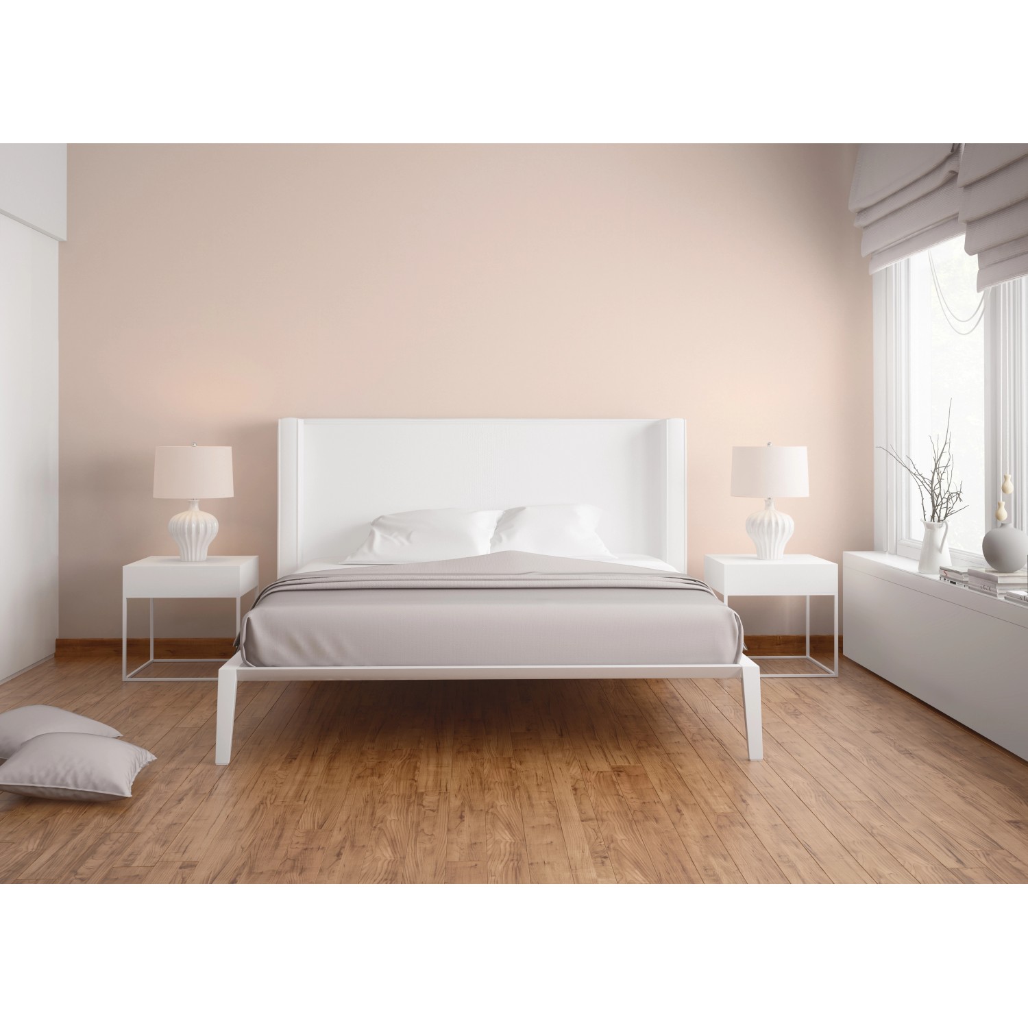 Schlafzimmer mit rosa Vliestapete Trendwall 2 Uni an der Wand.