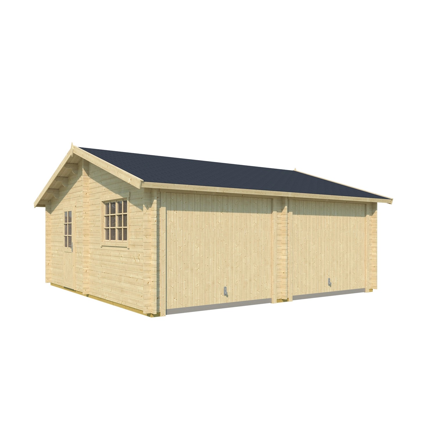 Lasita Maja Doppel-Holzgarage Falkland mit Schwingtor, Naturholz, Seitenansicht.